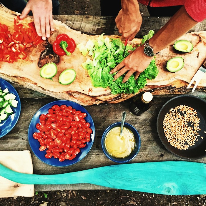 Fresh whole foods prepared outdoors — nourishment at the retreat