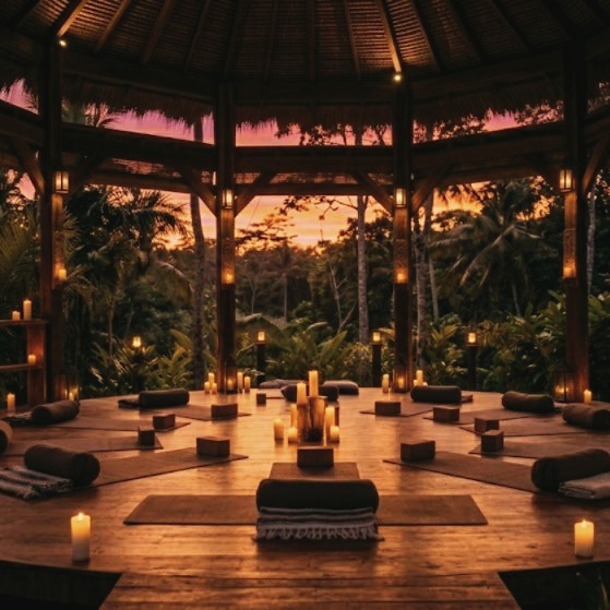 Candlelit outdoor yoga pavilion surrounded by jungle at sunset